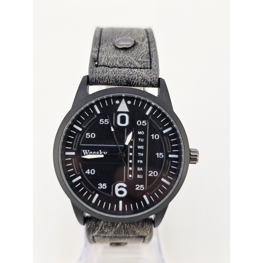 Men's Watch Analog 42MM Black Dial Dark Gray Faux Leather Bands New Battery